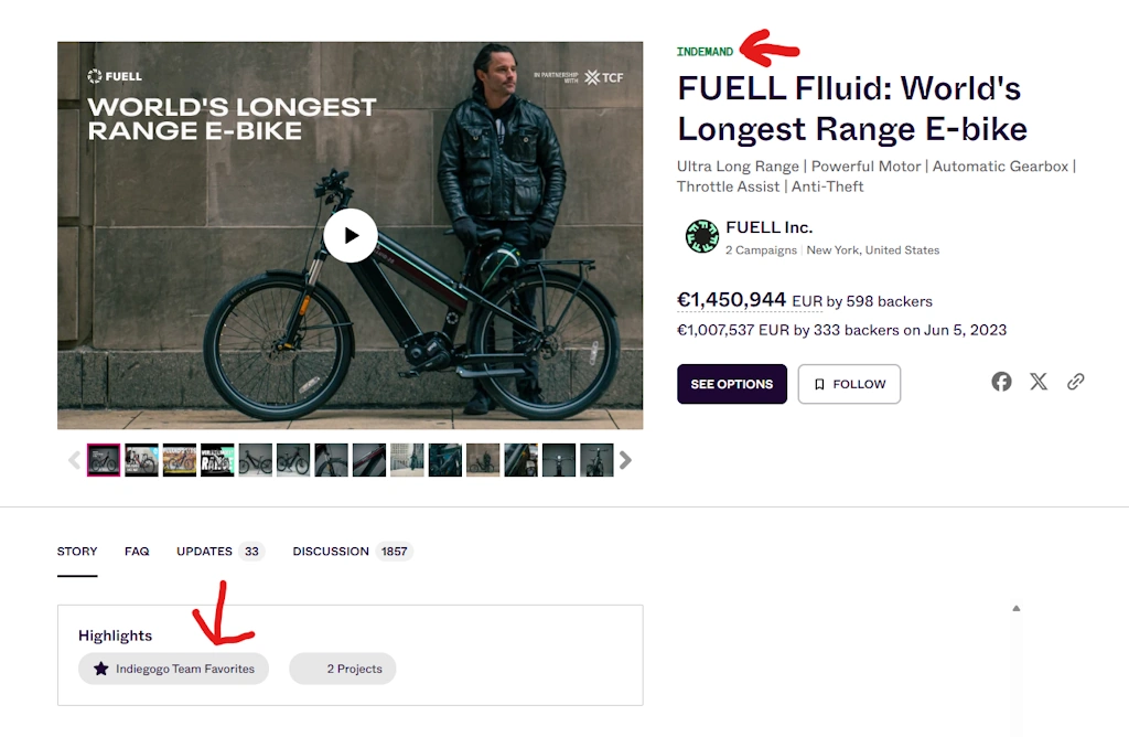 Indiegogo's 'Team Favorites' Badge (Screenshot taken: July 6, 2024)